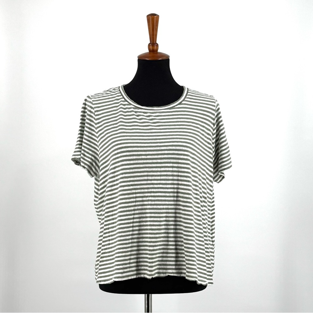 Charter Club Luxury Linen Blend Sage Green White Striped Top Bead Detail Size L